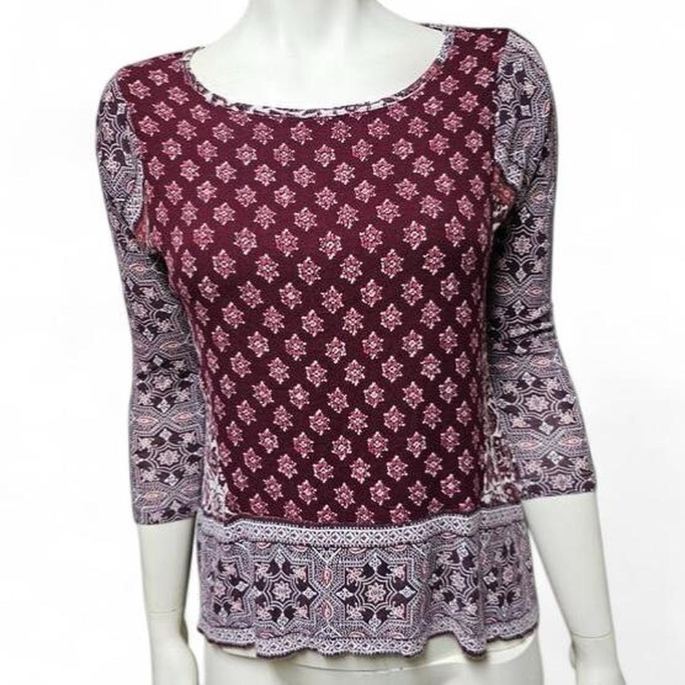 Lucky Brand Asymmetrical Quarter Sleeve Floral Printed Blouse in burgundy/white